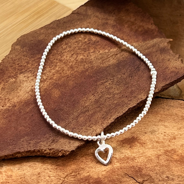 Sterling Silver Ball Stretch Bracelet with Heart