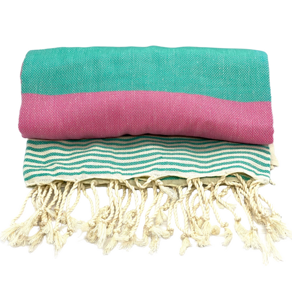 Turkish Beach Towel- Mint Green & Pink